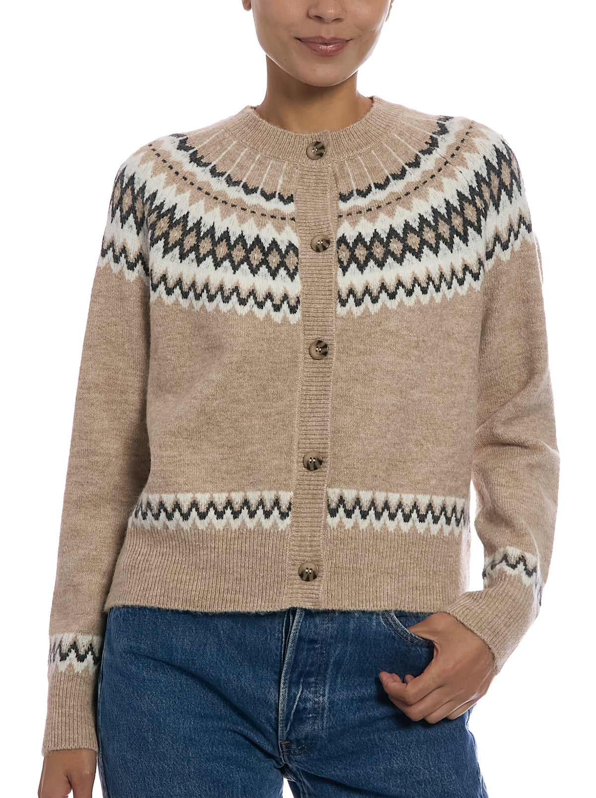 Fair Isle Cardigan in Fairisle Mocha, front view