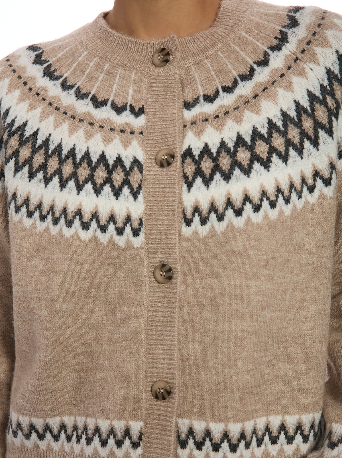 Fair Isle Cardigan in Fairisle Mocha, front pattern detail