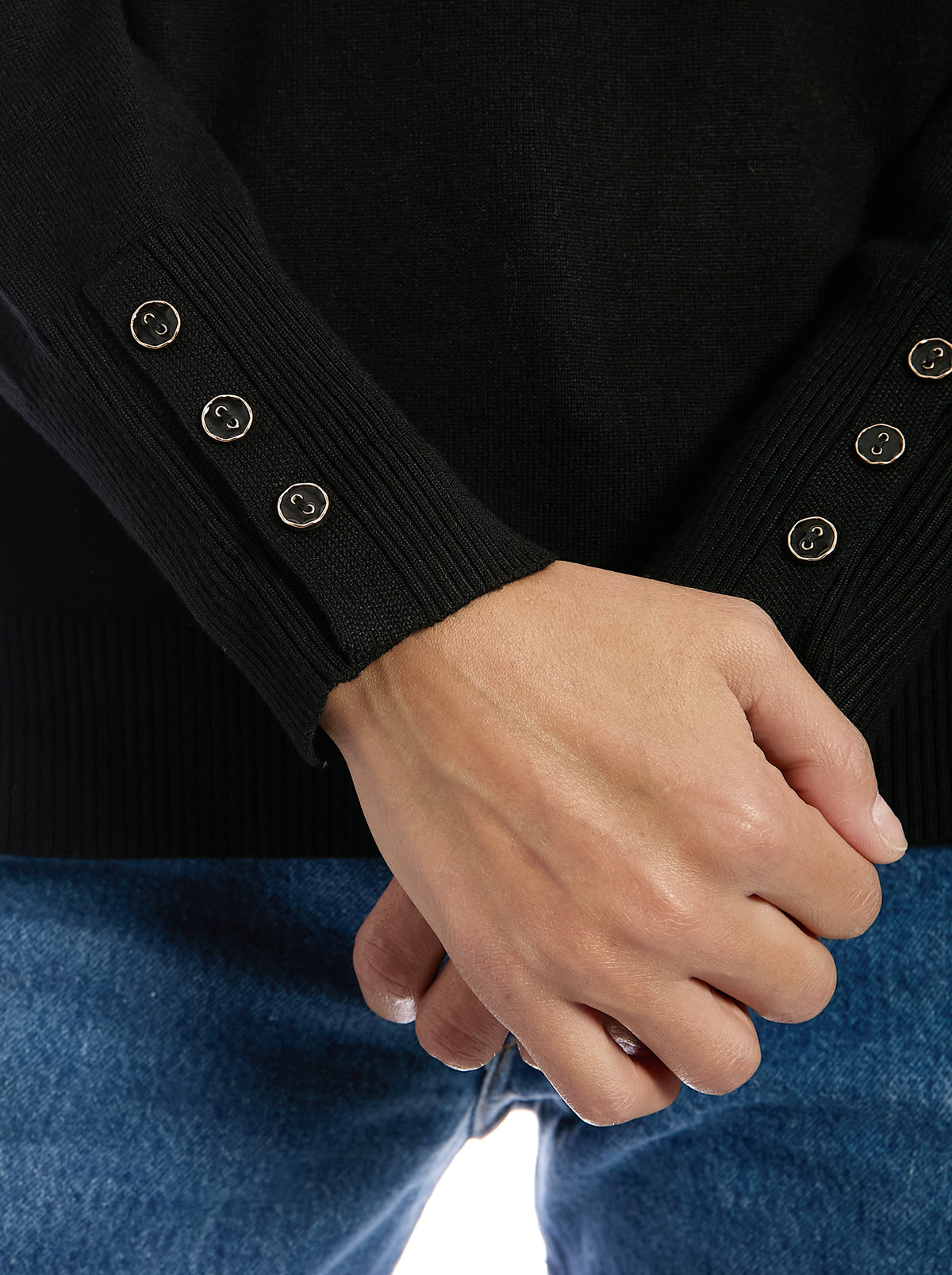 Fine Gauge Mock Neck Sweater in Black, cuff button detail