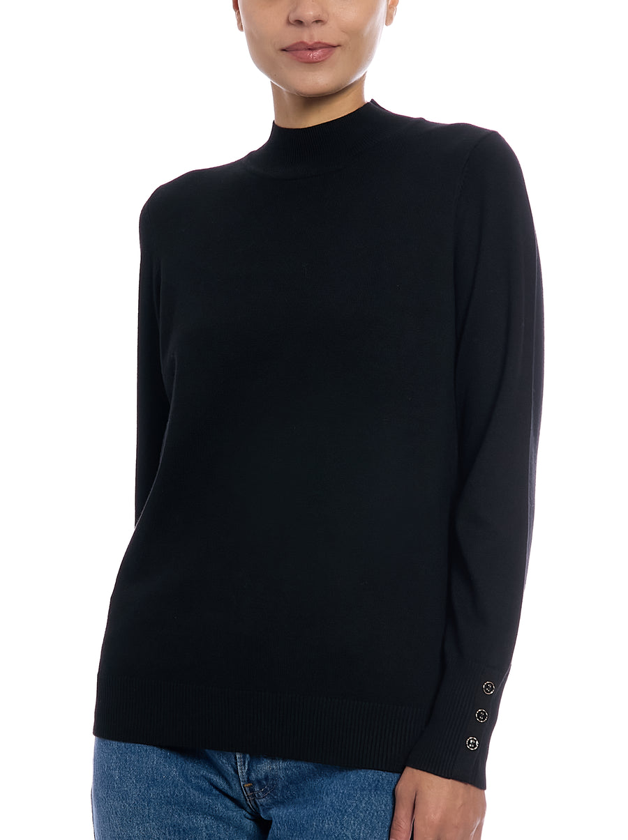 Fine Gauge Mock Neck Sweater in Black, front view