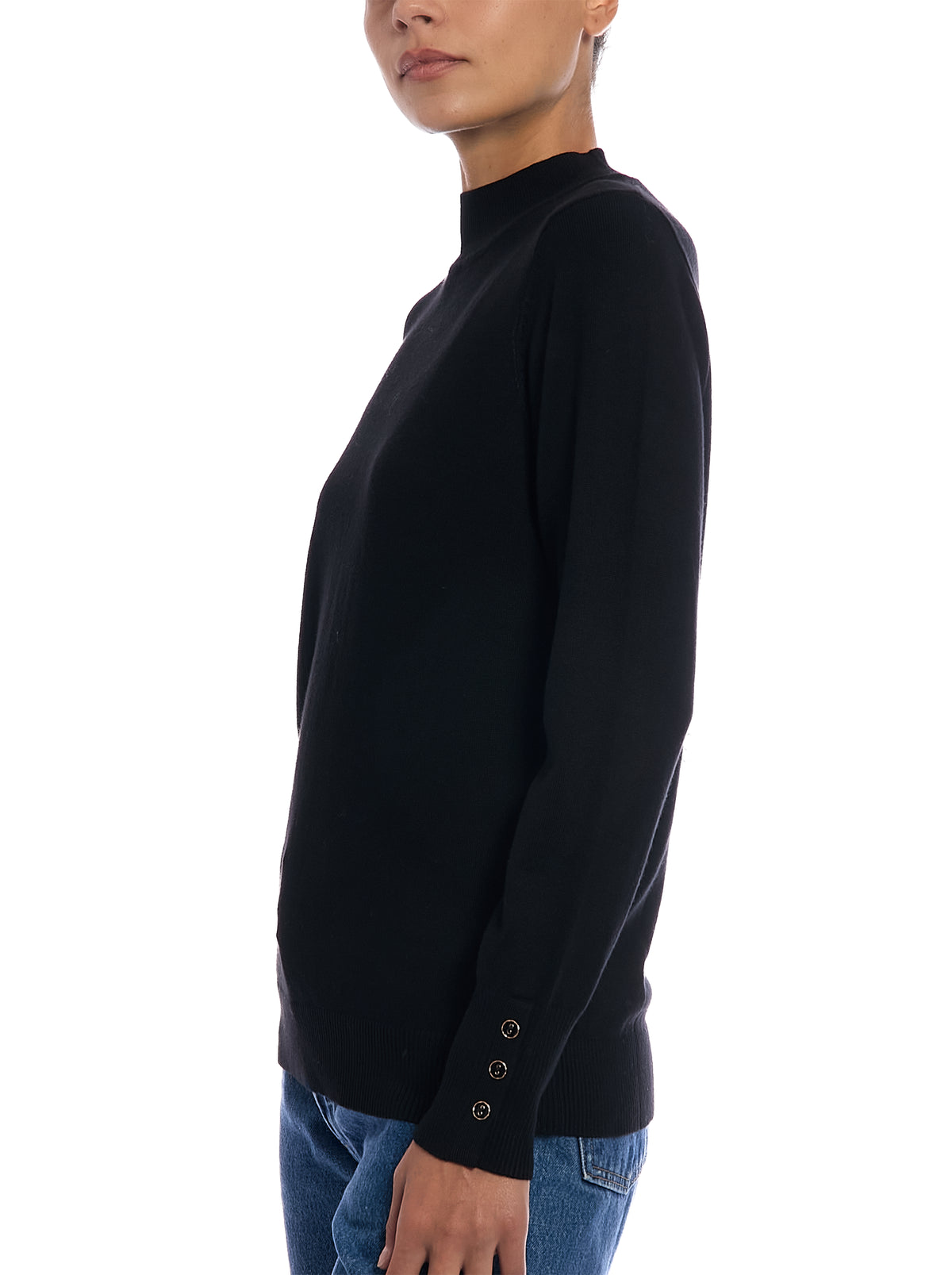 Fine Gauge Mock Neck Sweater in Black, side view