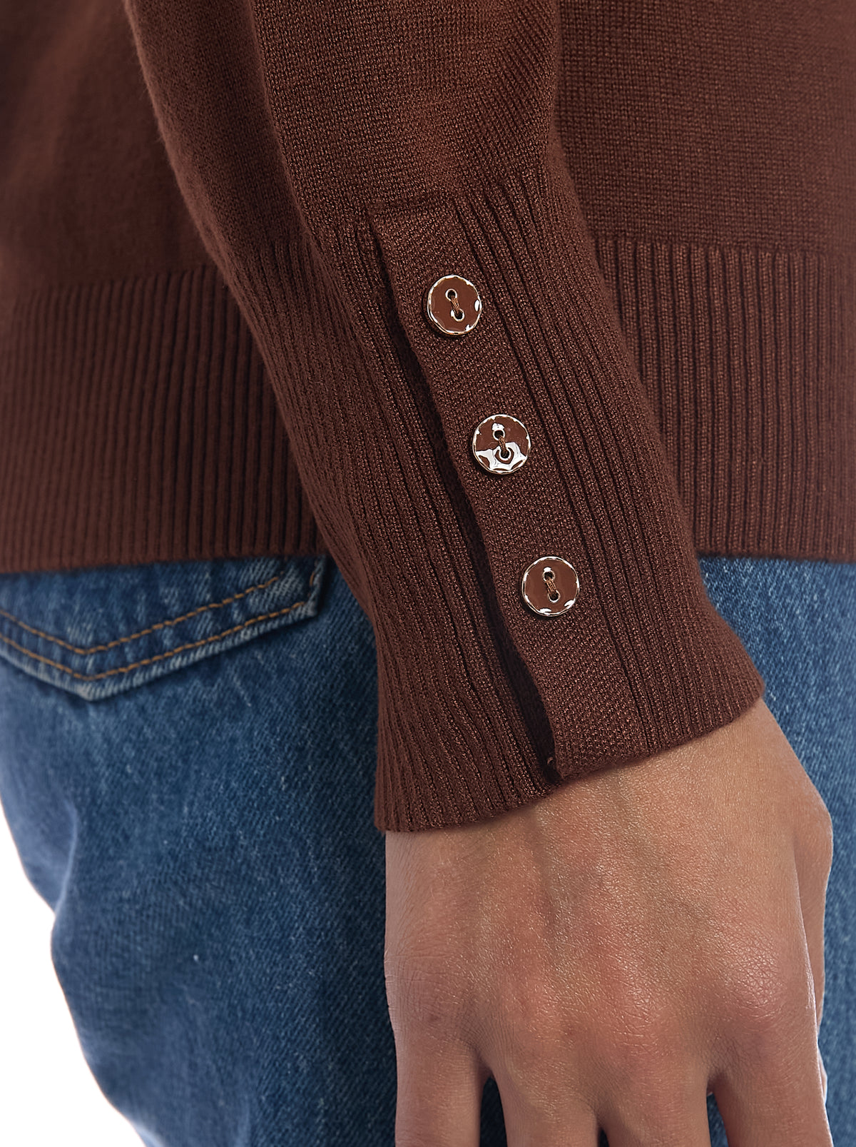 Fine Gauge Mock Neck Sweater in Cappuccino, cuff detail
