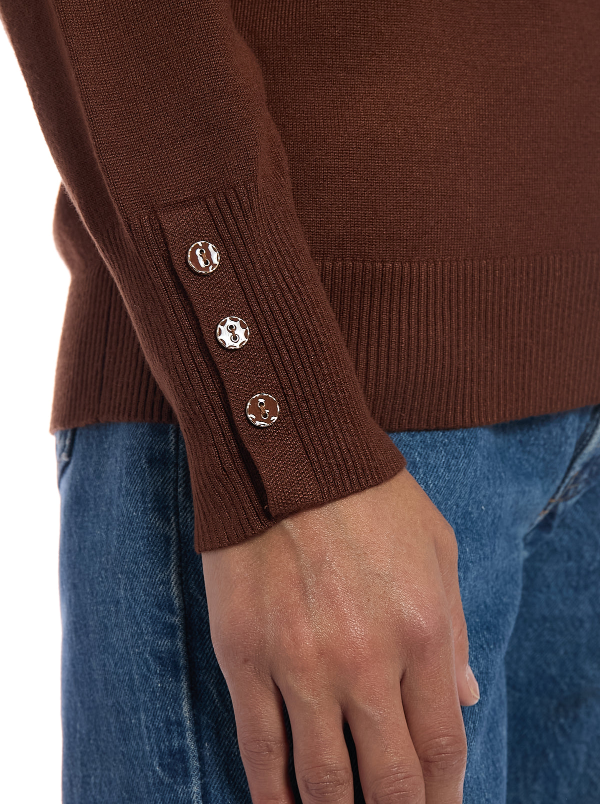 Fine Gauge Mock Neck Sweater in Cappuccino, cuff detail