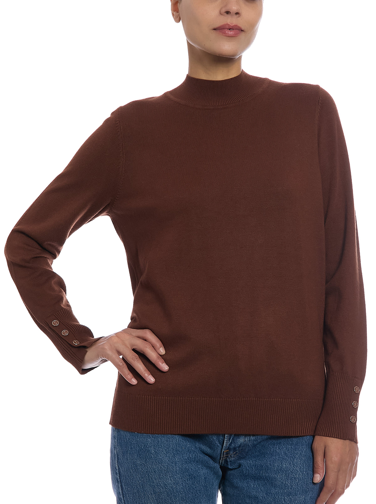 Fine Gauge Mock Neck Sweater in Cappuccino, front view