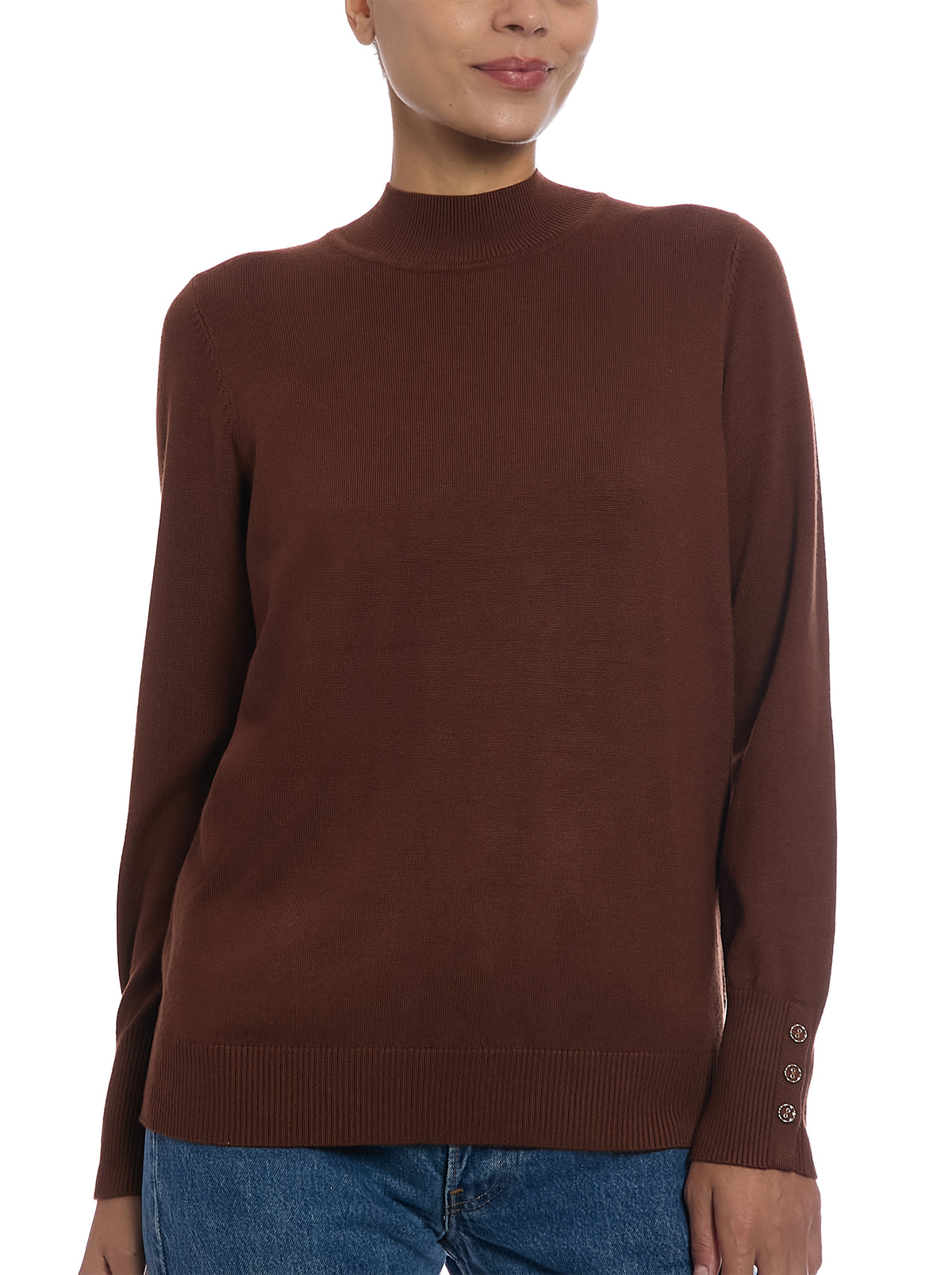Fine Gauge Mock Neck Sweater in Cappuccino, front view