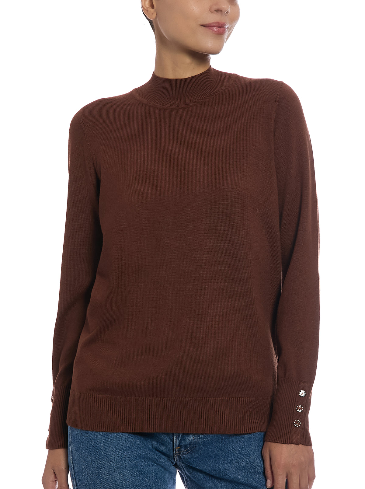 Fine Gauge Mock Neck Sweater in Cappuccino, front view