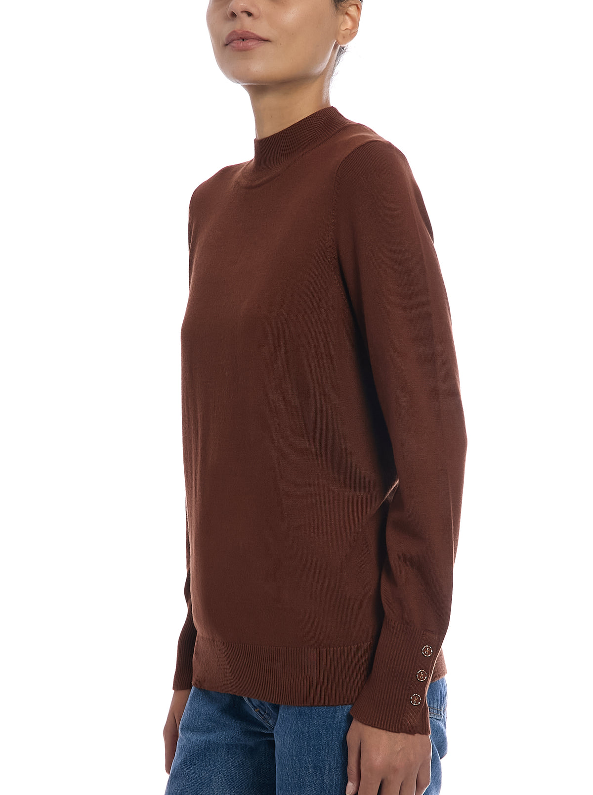 Fine Gauge Mock Neck Sweater in Cappuccino, side view