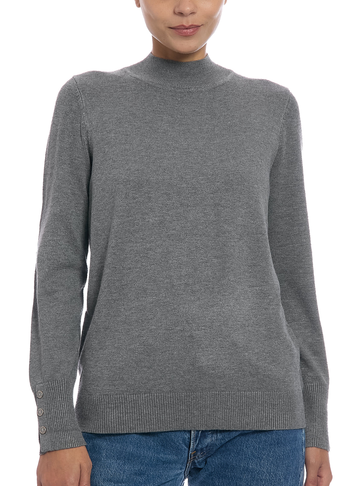 Fine Gauge Mock Neck Sweater in Medium Heather Grey, front view