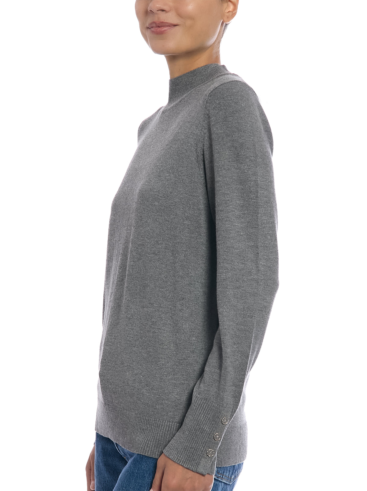 Fine Gauge Mock Neck Sweater in Medium Heather Grey, side view