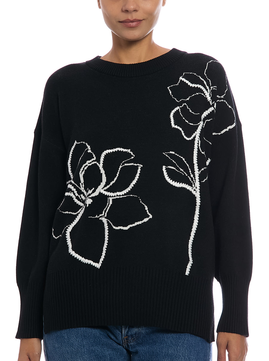 Jacquard Floral Sweater in Black, front view