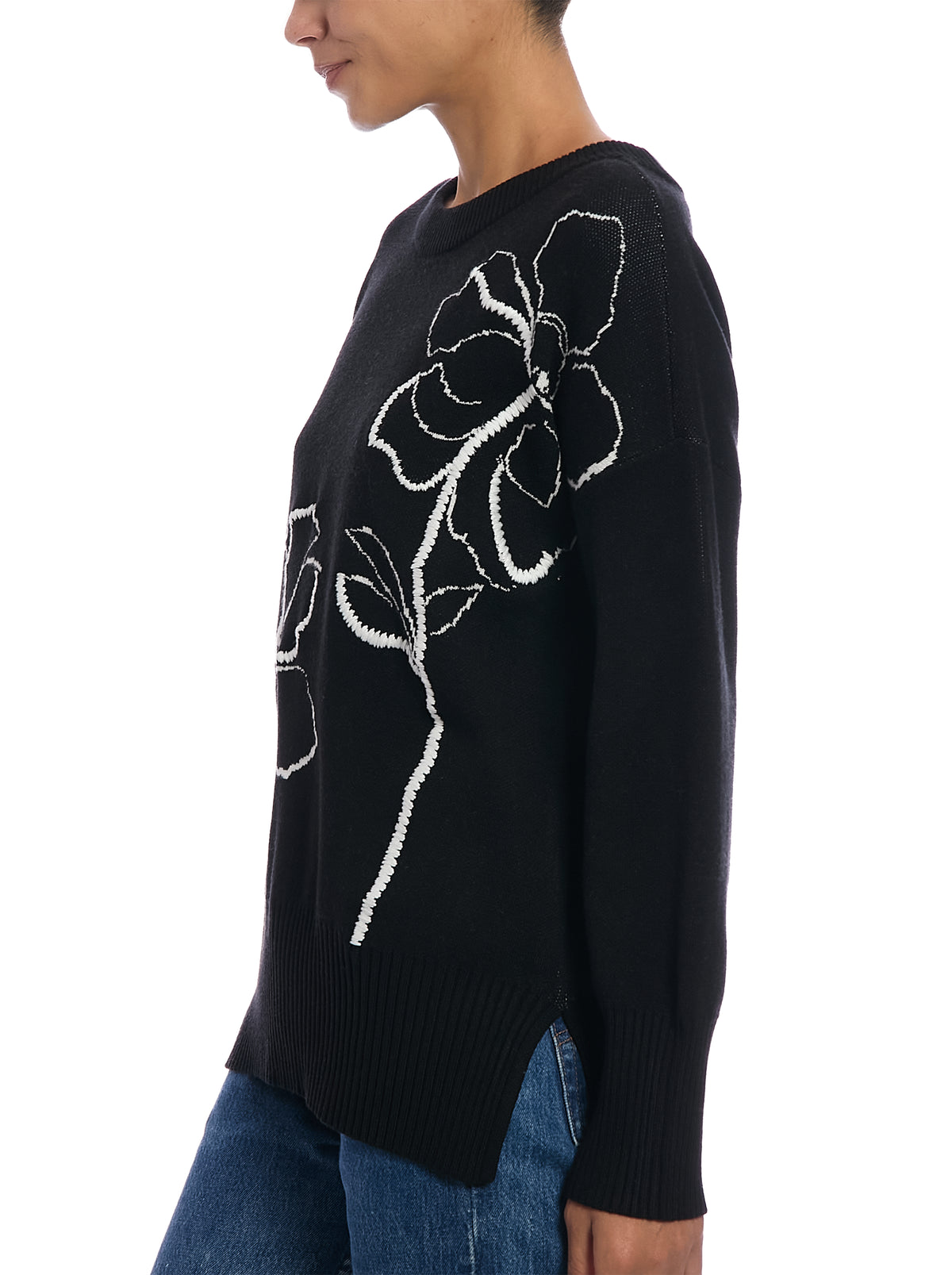 Jacquard Floral Sweater in Black, side view