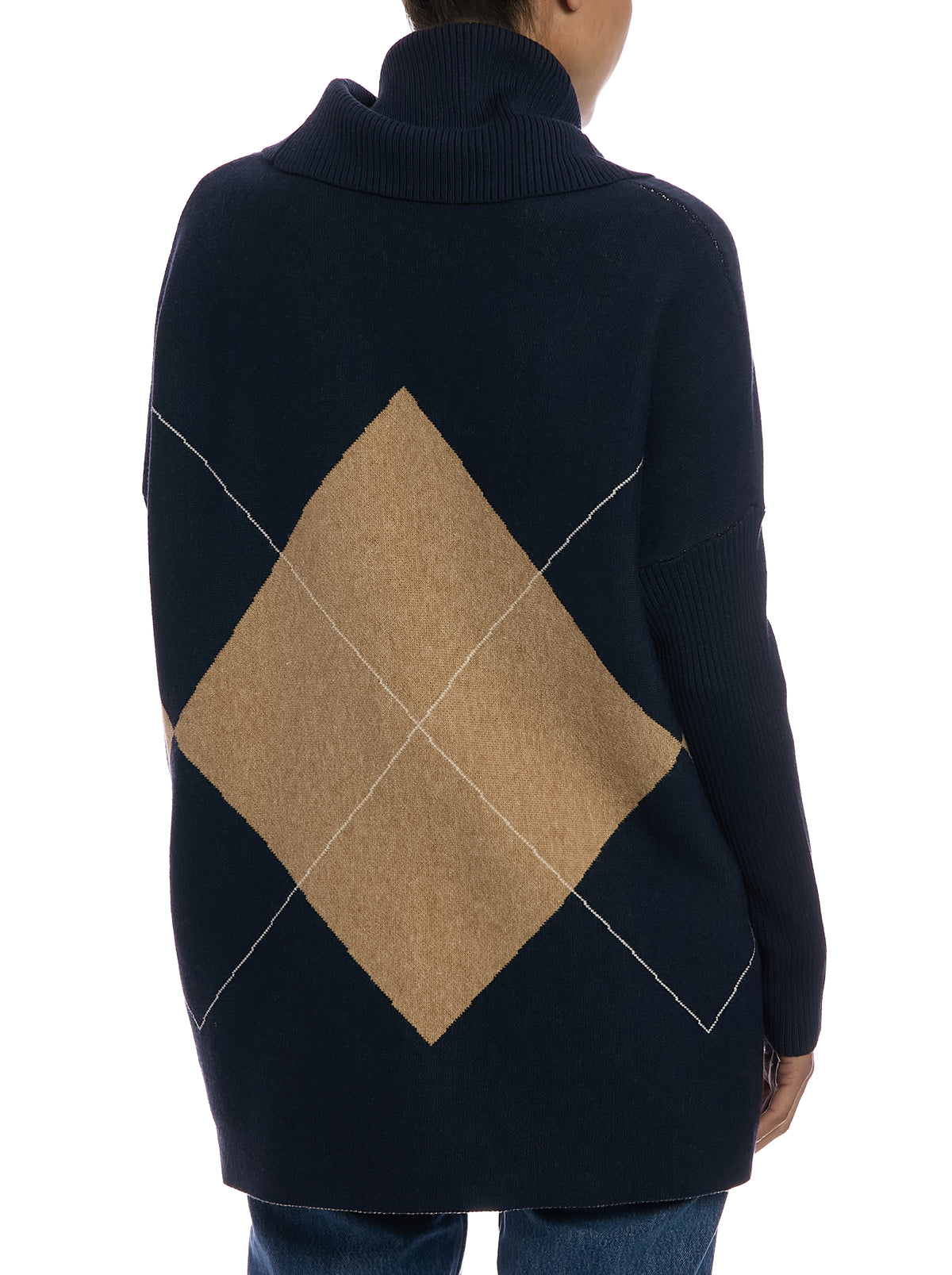 Exploded Argyle Removable Collar Poncho in Argyle Navy, back view, with cowl