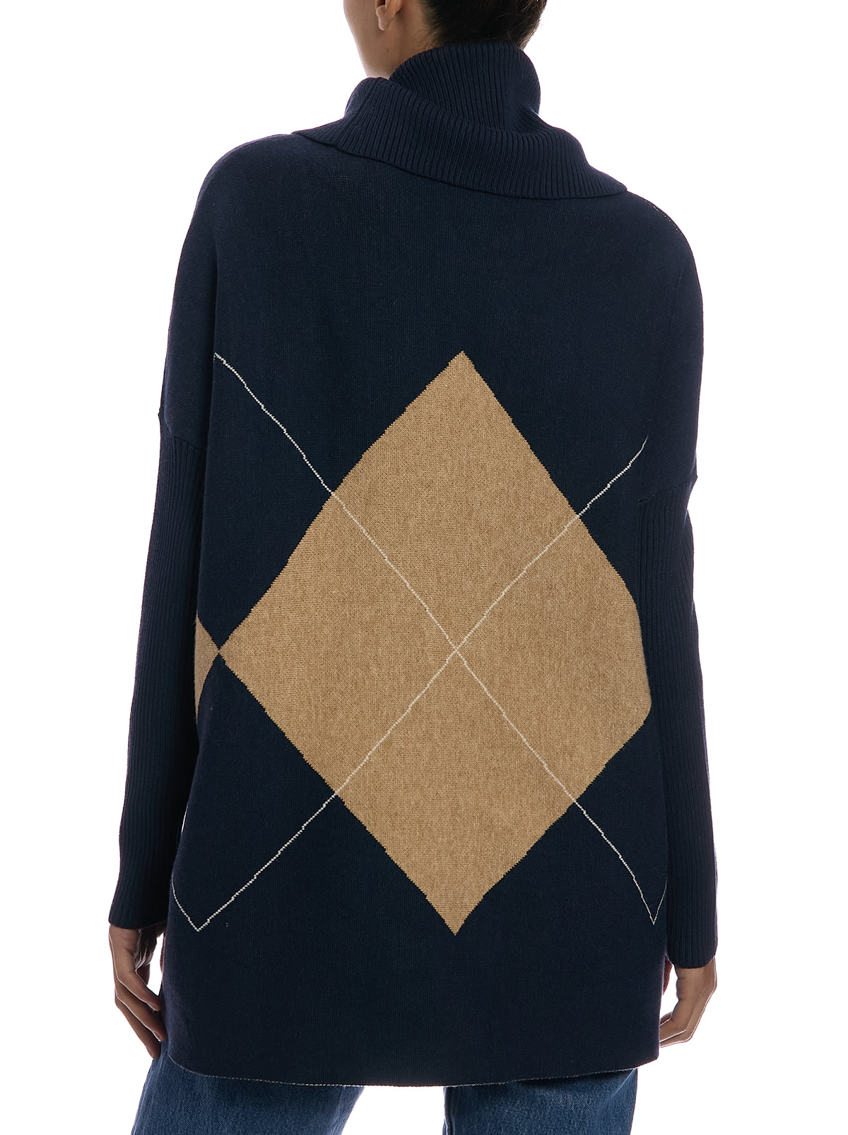 Exploded Argyle Removable Collar Poncho in Argyle Navy, back view, with cowl
