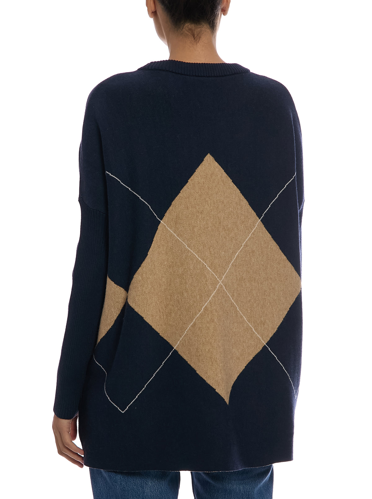 Exploded Argyle Removable Collar Poncho in Argyle Navy, back view, without cowl