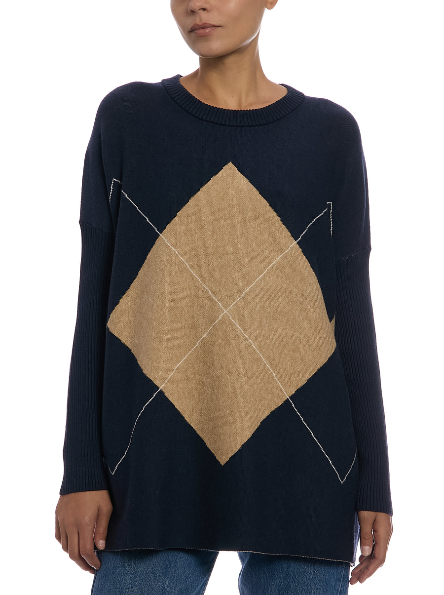 Exploded Argyle Removable Collar Poncho in Argyle Navy, front view, without cowl