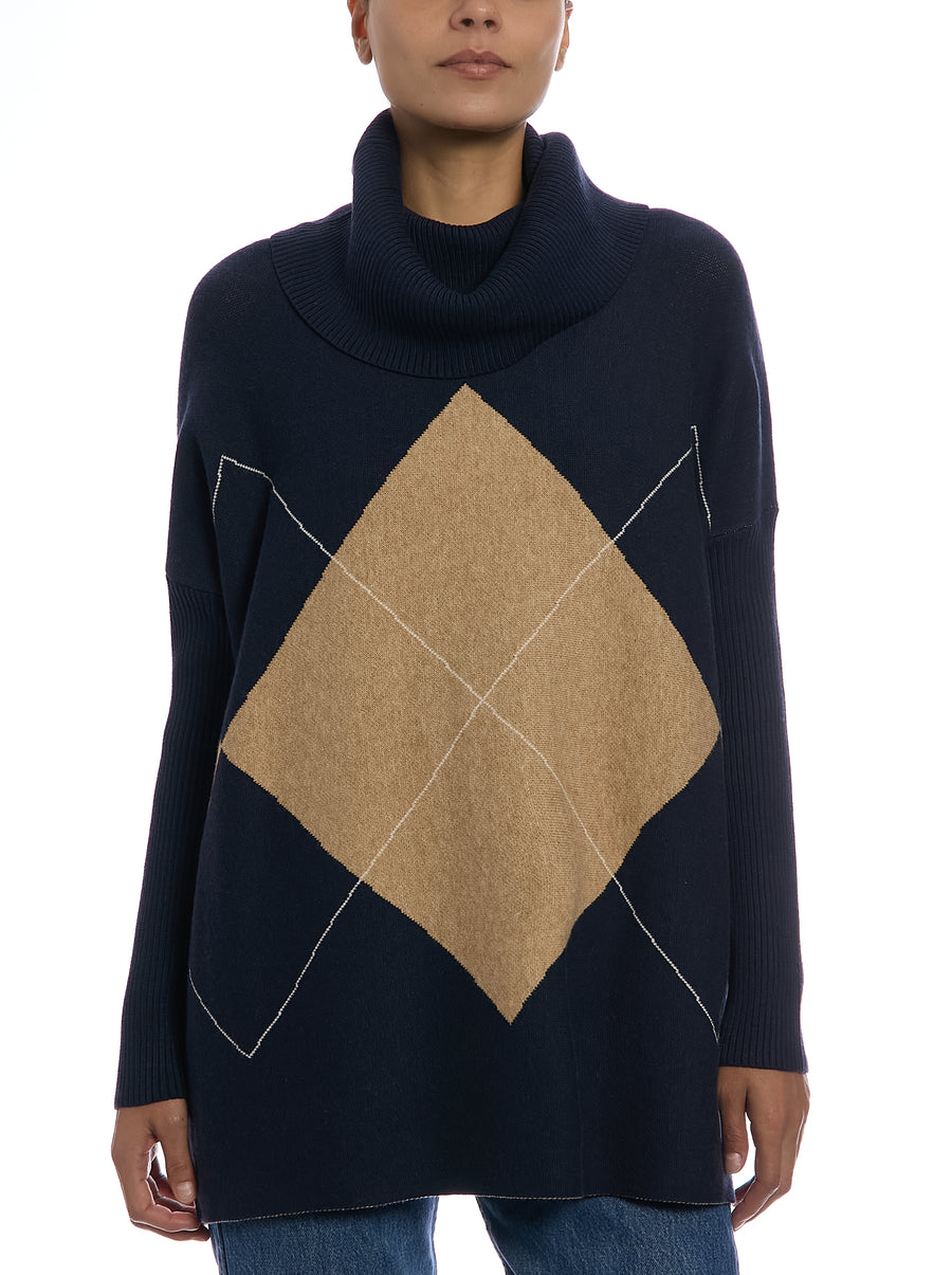 Exploded Argyle Removable Collar Poncho in Argyle Navy, front view, with cowl