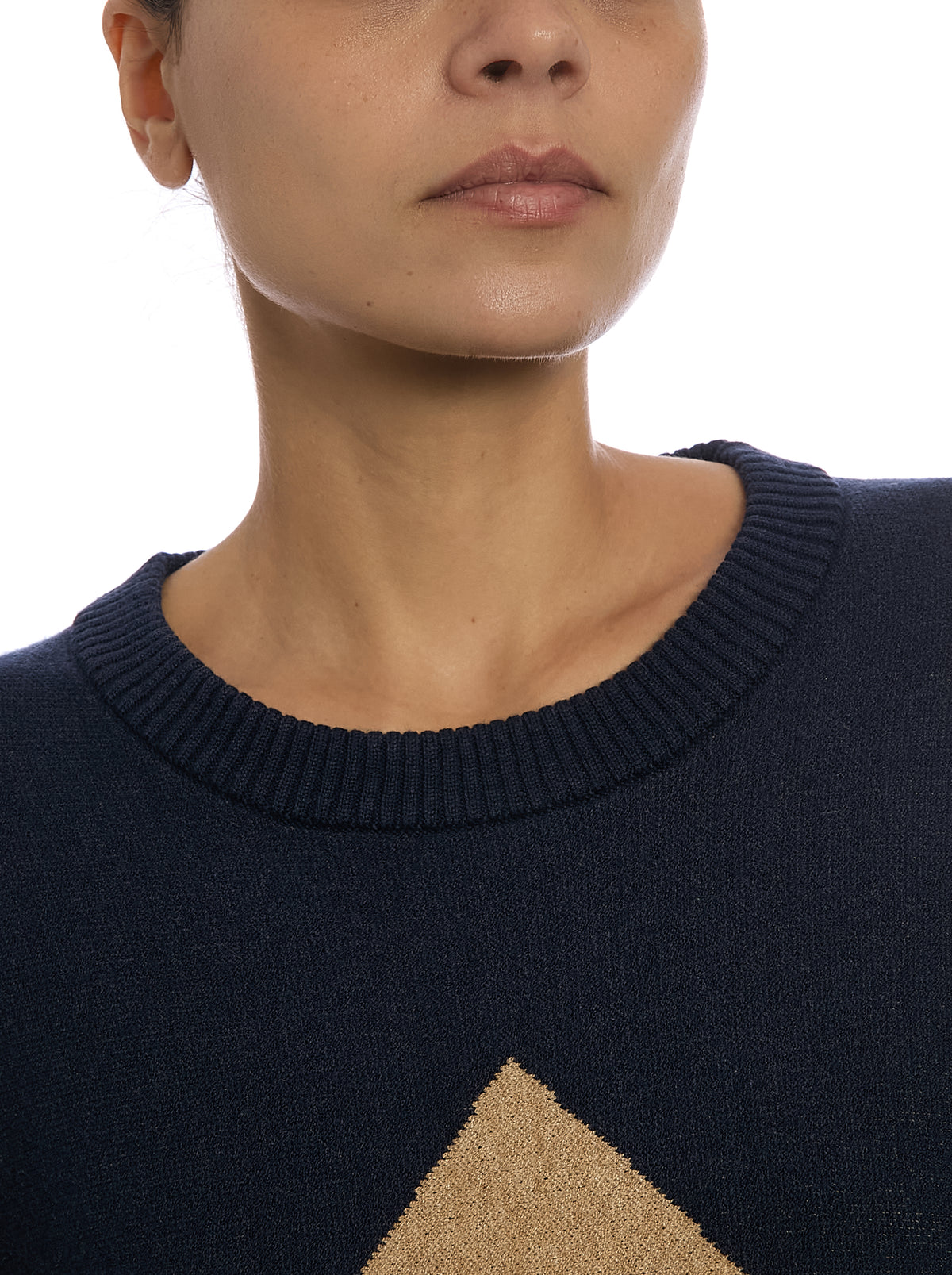 Exploded Argyle Removable Collar Poncho in Argyle Navy, neckline detail without cowl