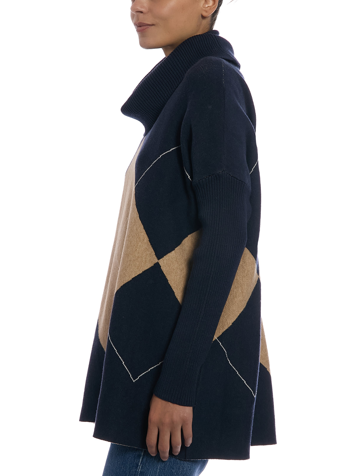 Exploded Argyle Removable Collar Poncho in Argyle Navy, side view, with cowl