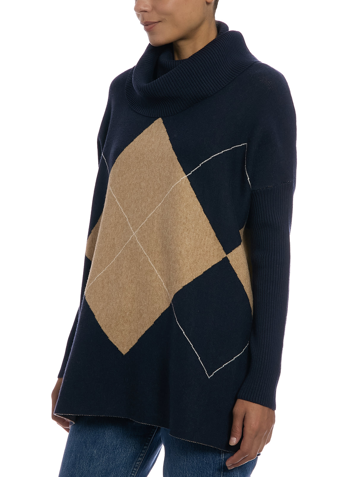 Exploded Argyle Removable Collar Poncho in Argyle Navy, side view, with cowl