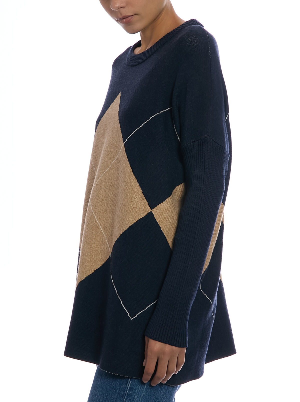 Exploded Argyle Removable Collar Poncho in Argyle Navy, side view, without cowl