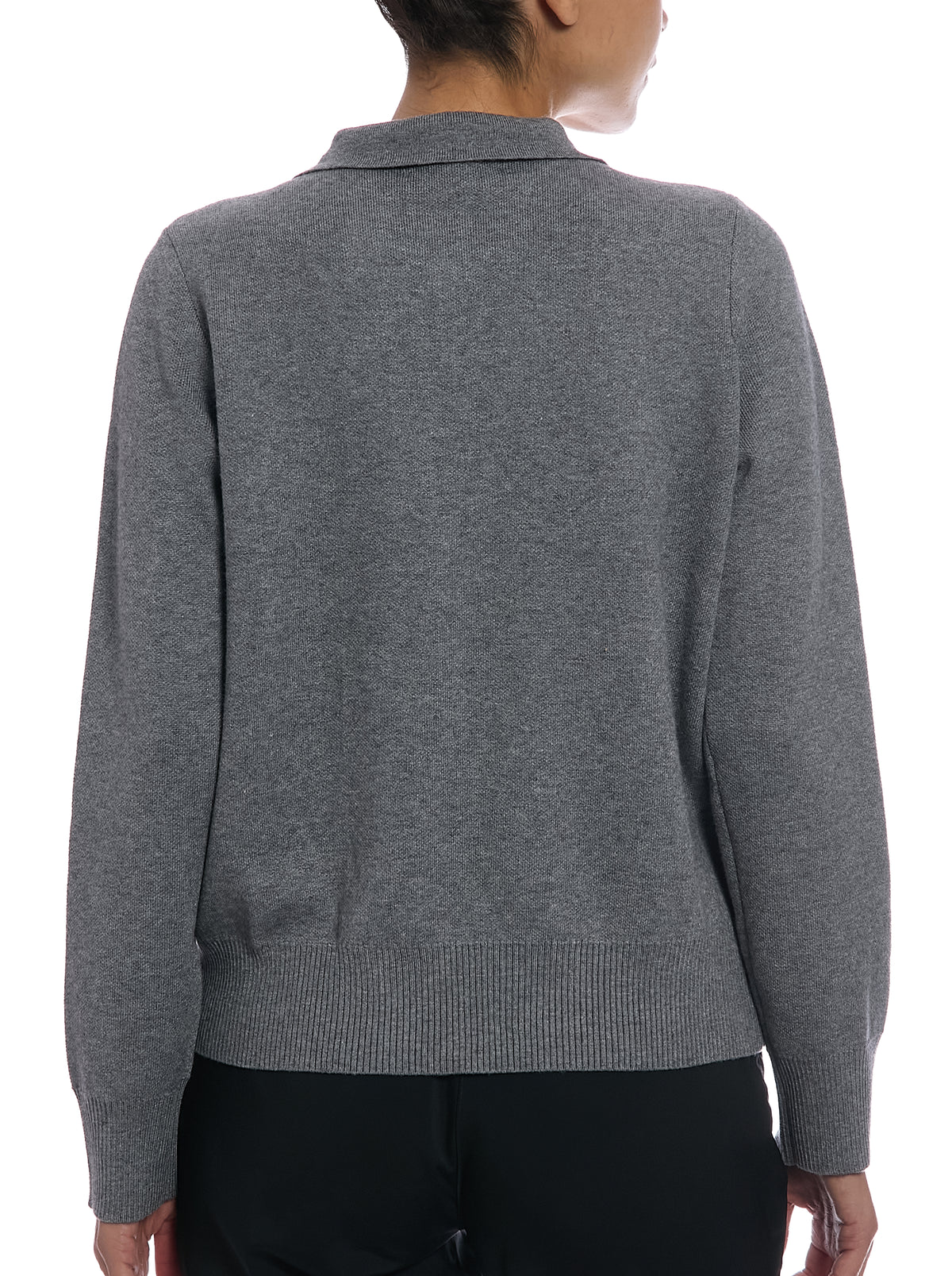 Detachable Collar Sweater in Medium Heather Grey, back view, without fur collar