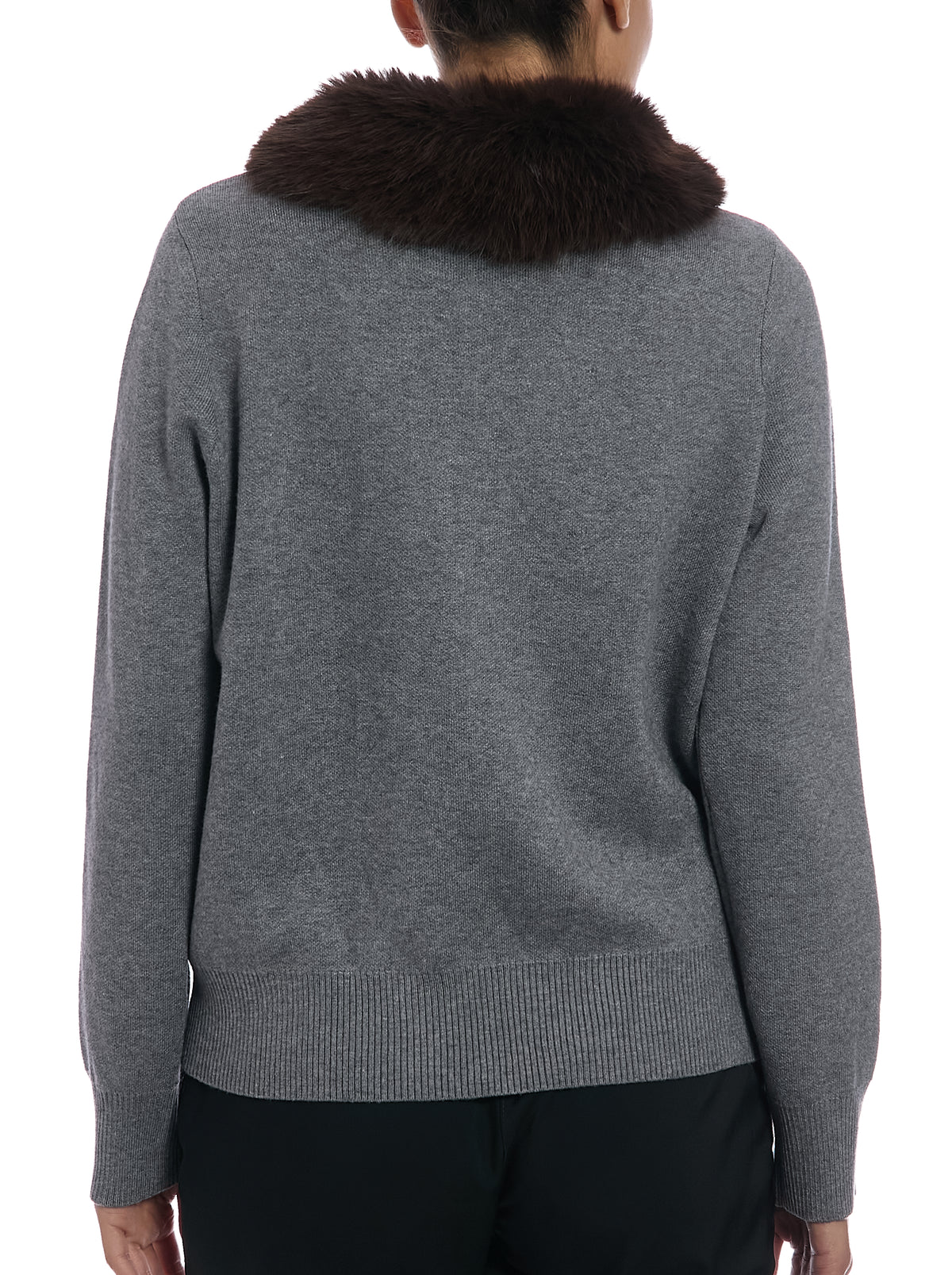 Detachable Collar Sweater in Medium Heather Grey, back view, with fur collar