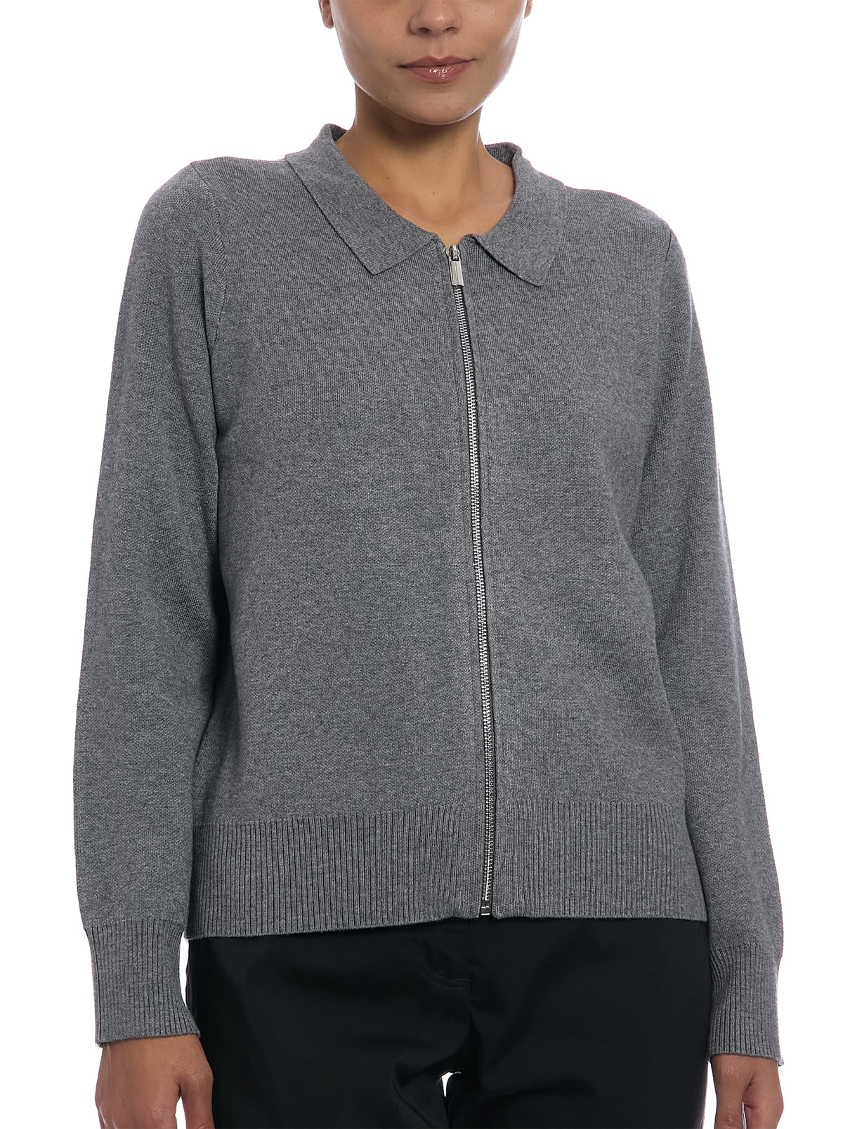 Detachable Collar Sweater in Medium Heather Grey, front view, without fur collar