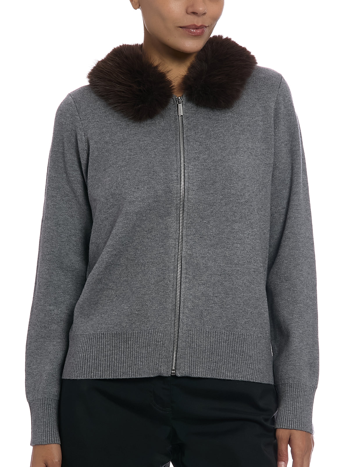 Detachable Collar Sweater in Medium Heather Grey, front view, with fur collar