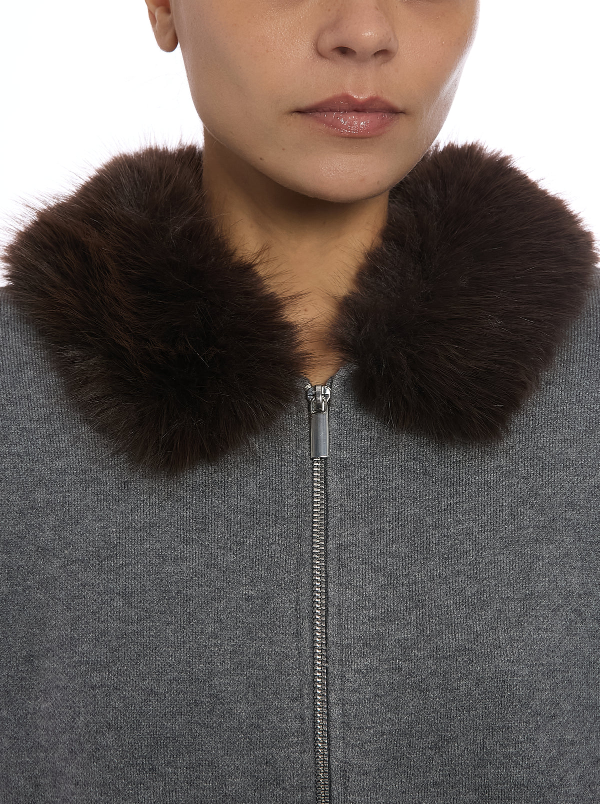 Detachable Collar Sweater in Medium Heather Grey, fur collar detail