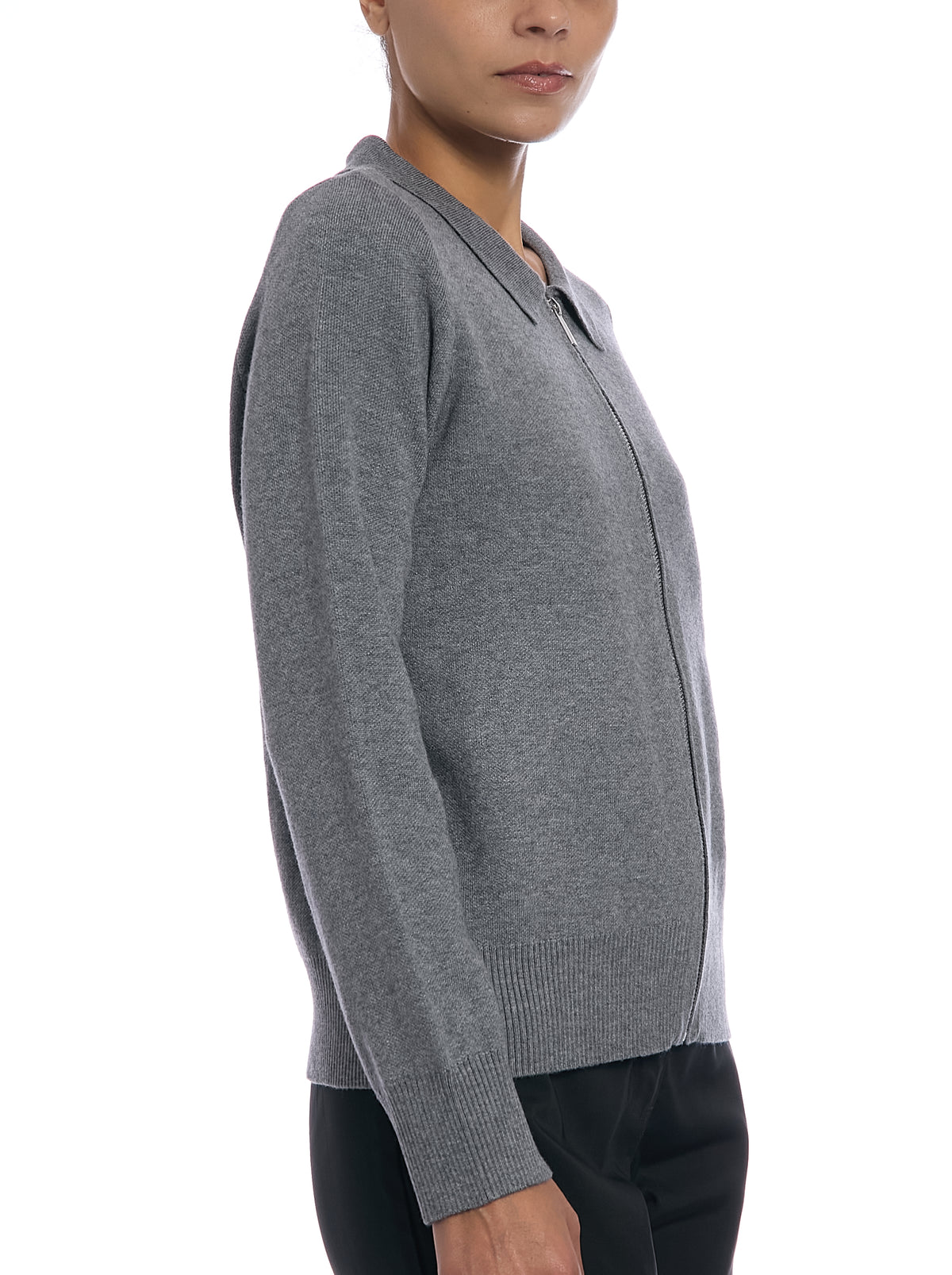 Detachable Collar Sweater in Medium Heather Grey, side view, without fur collar