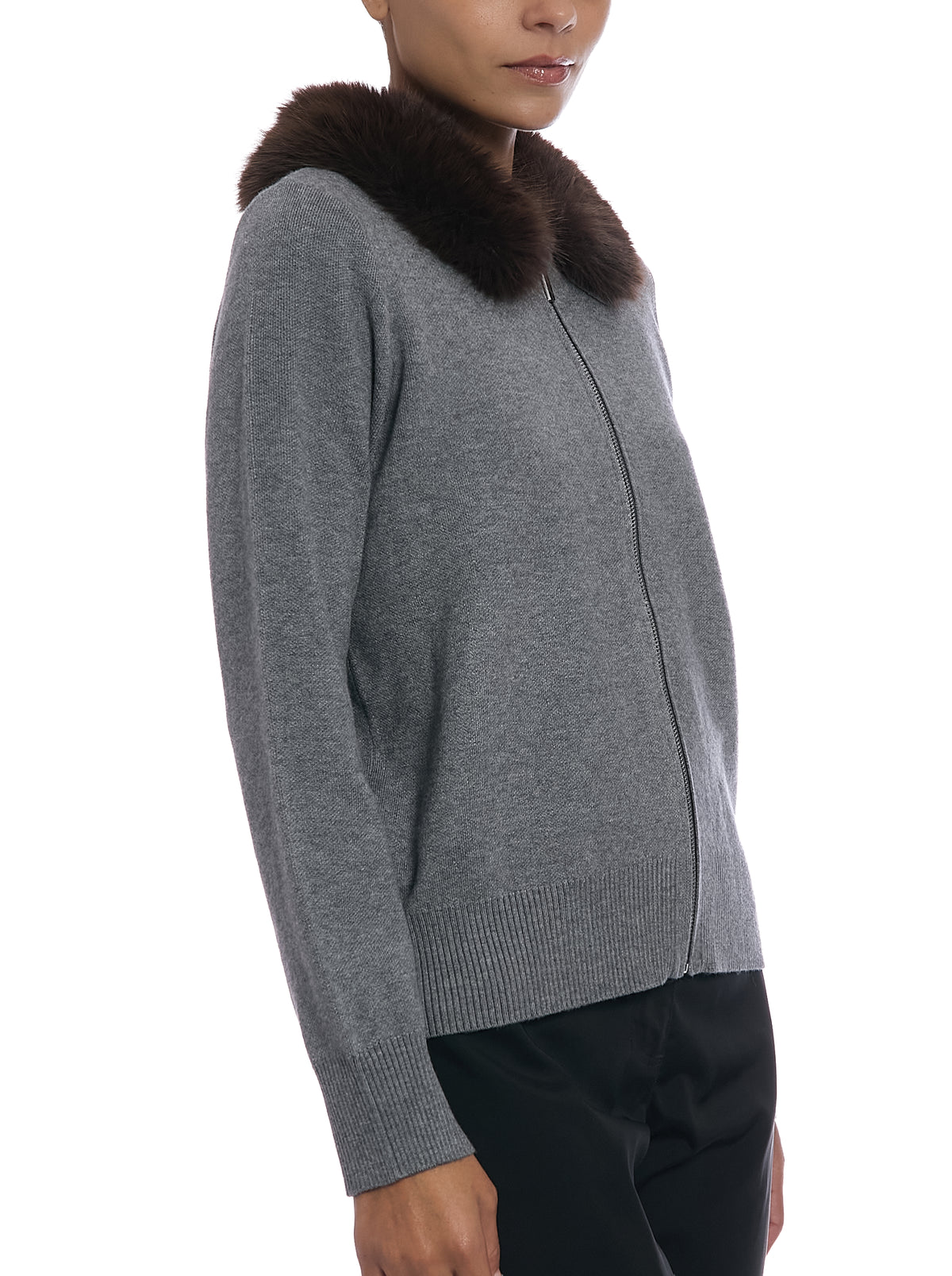 Detachable Collar Sweater in Medium Heather Grey, side view, with fur collar