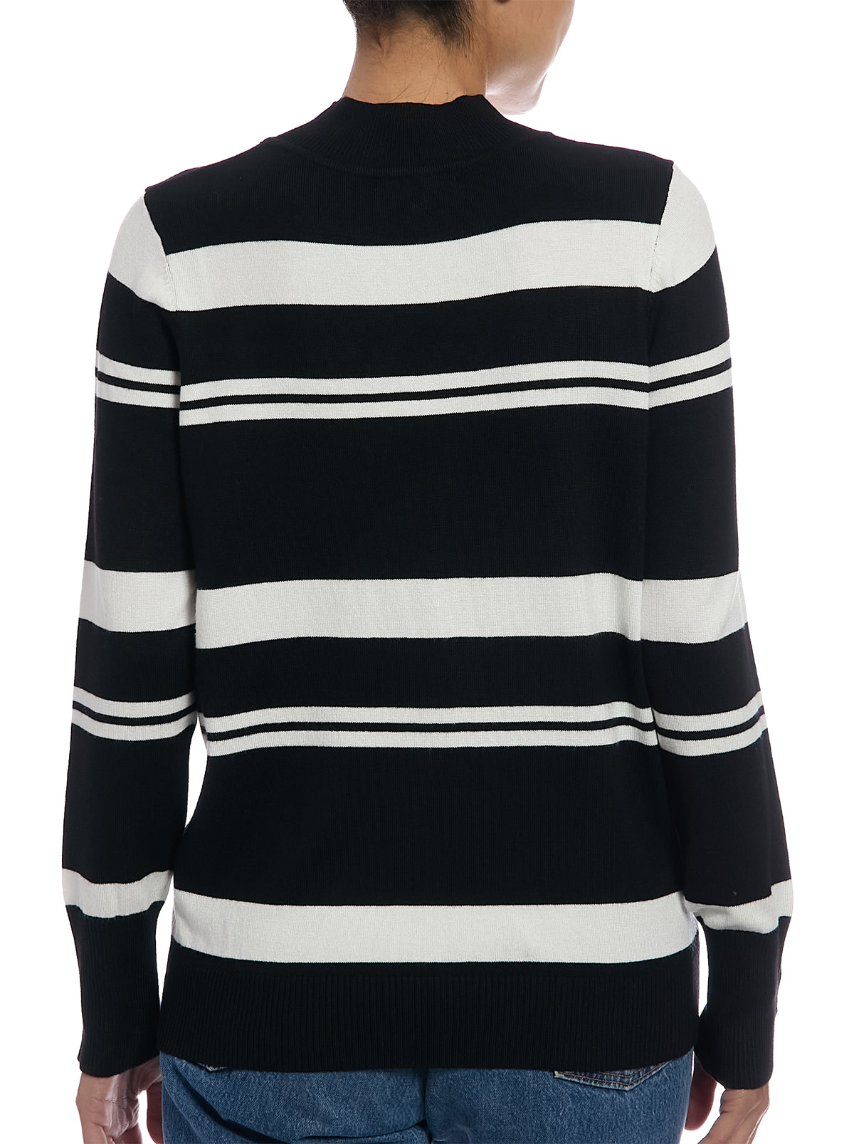 Striped Mock Neck Sweater in Black/Egret, back view