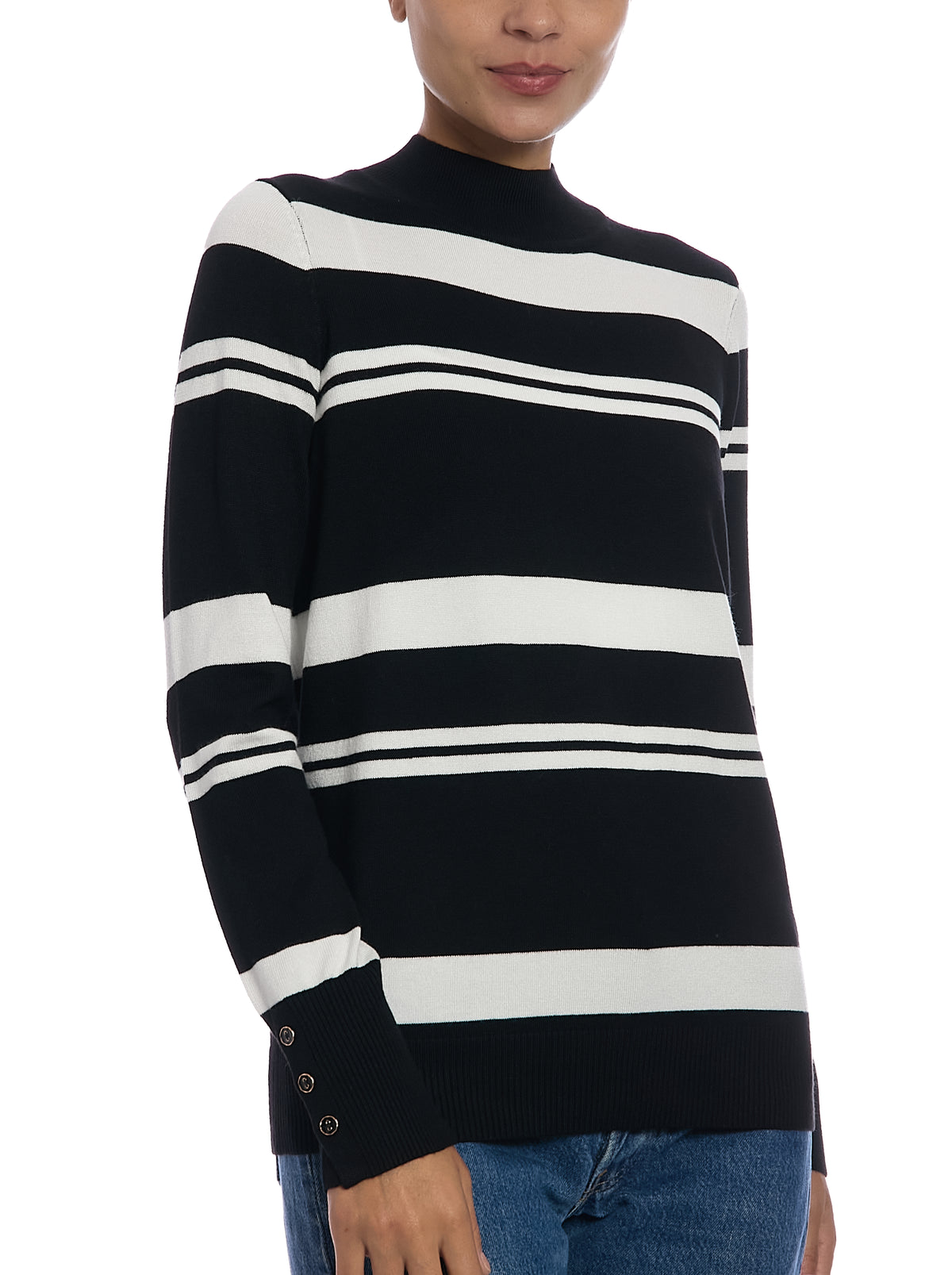 Striped Mock Neck Sweater in Black/Egret, front view