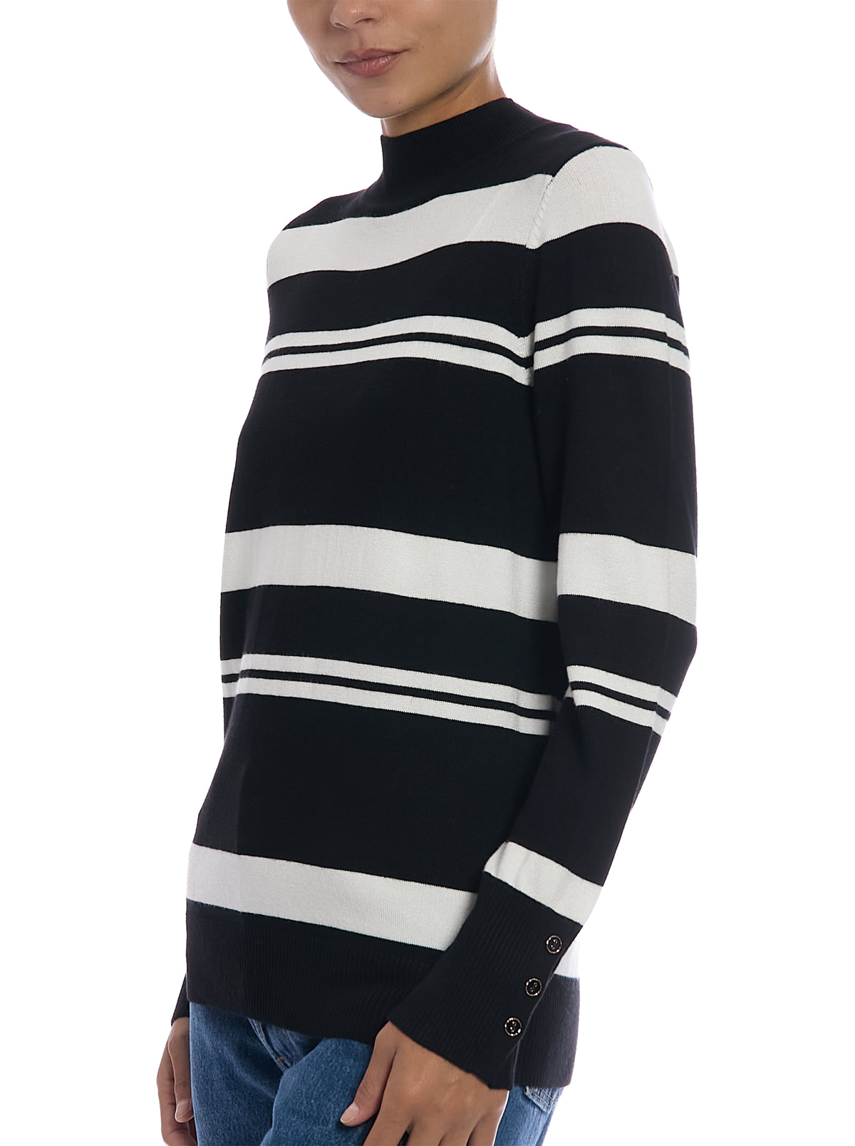 Striped Mock Neck Sweater in Black/Egret, side view
