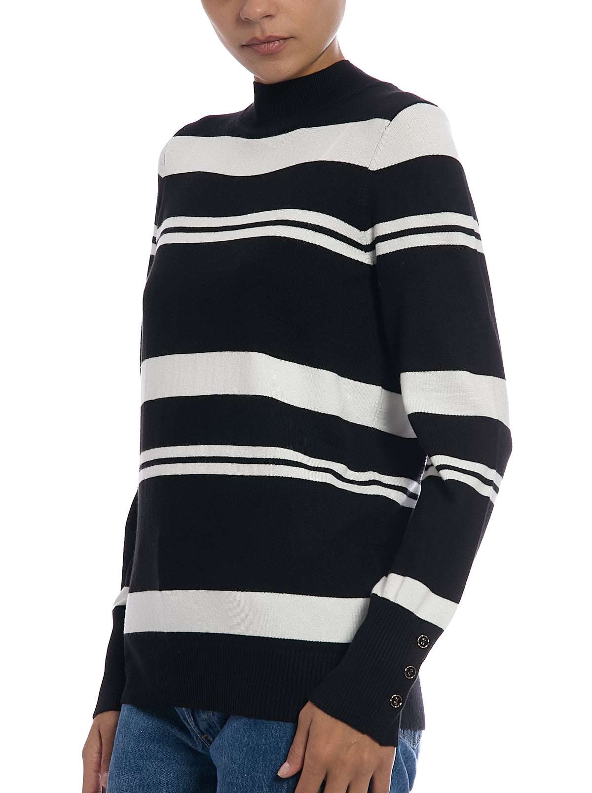 Striped Mock Neck Sweater in Black/Egret, side view