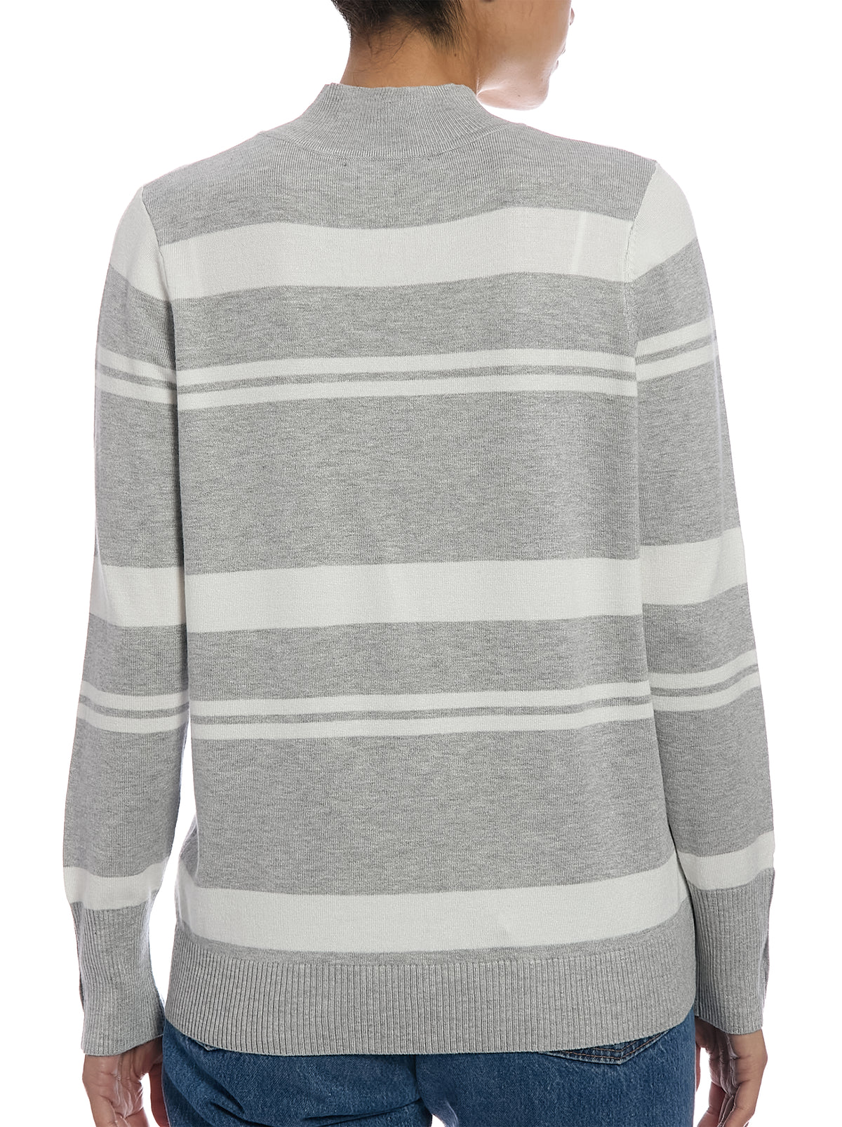Striped Mock Neck Sweater in Light Heather Grey/Egret, back view, three-quarter