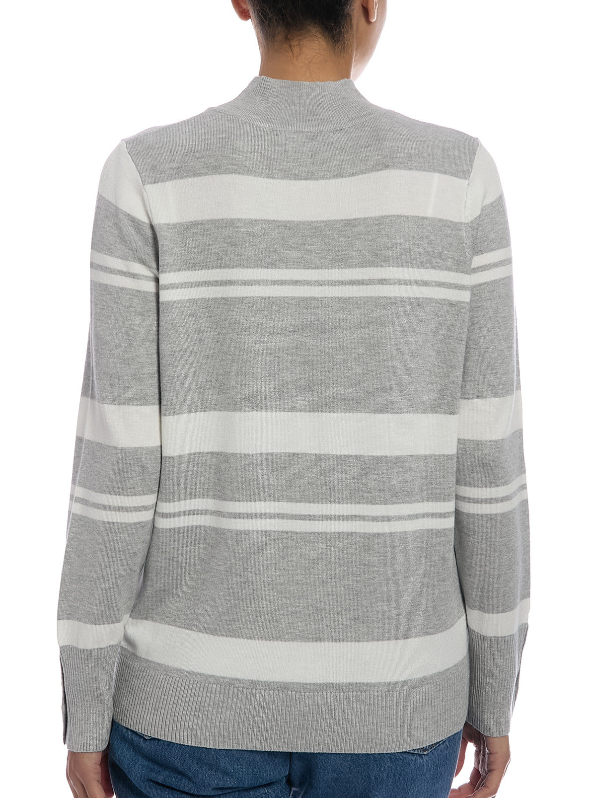 Striped Mock Neck Sweater in Light Heather Grey/Egret, back view