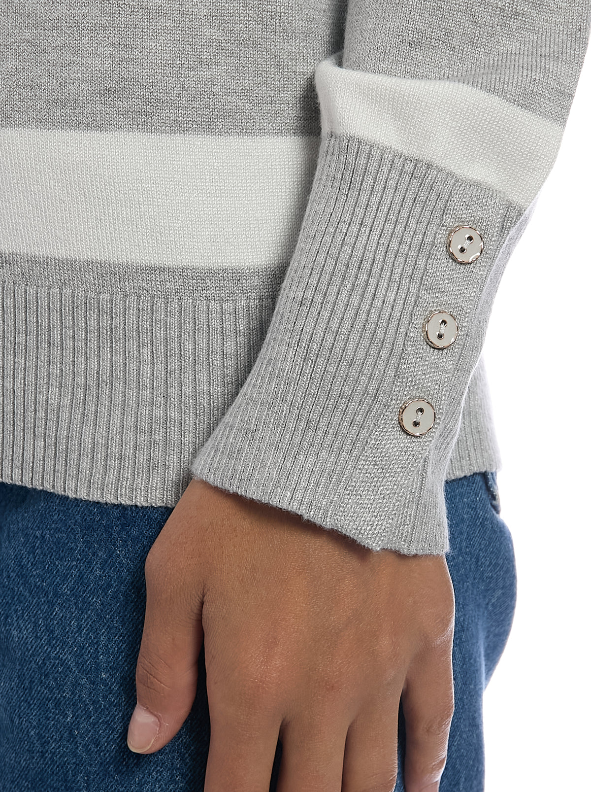 Striped Mock Neck Sweater in Light Heather Grey/Egret, cuff button detail