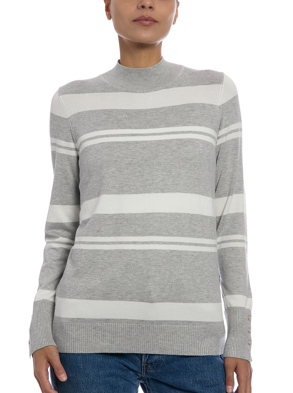 Striped Mock Neck Sweater in Light Heather Grey/Egret, front view