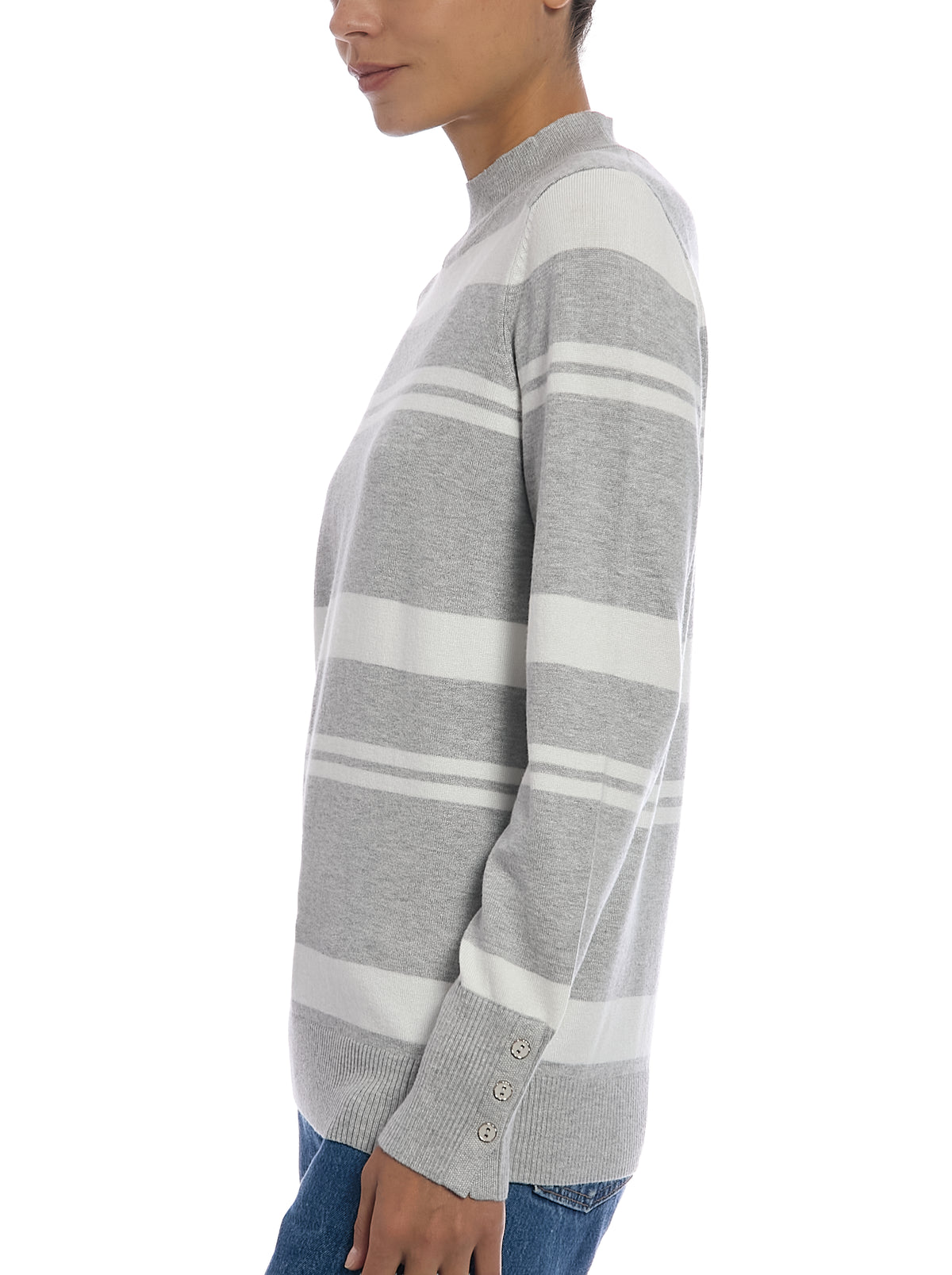 Striped Mock Neck Sweater in Light Heather Grey/Egret, side view