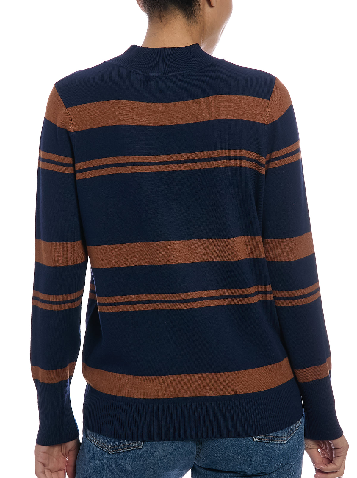 Striped Mock Neck Sweater in Navy/Mocha Bisque, back view