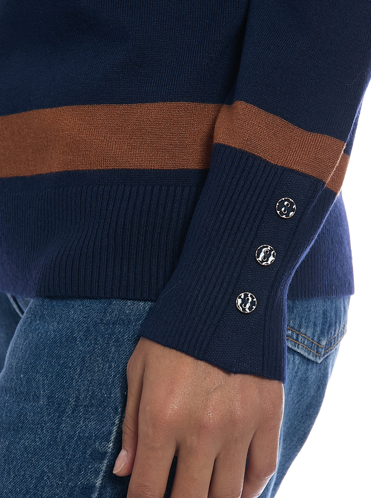 Striped Mock Neck Sweater in Navy/Mocha Bisque, cuff button detail