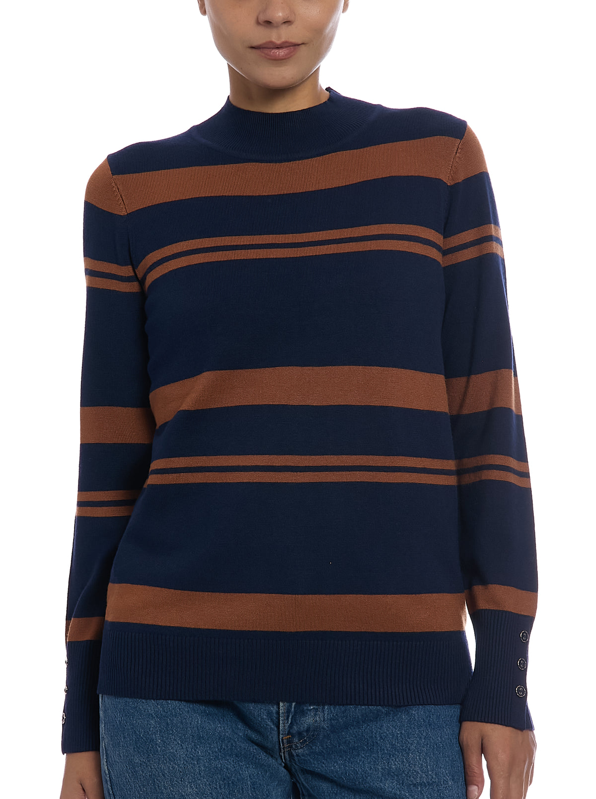 Striped Mock Neck Sweater in Navy/Mocha Bisque, front view