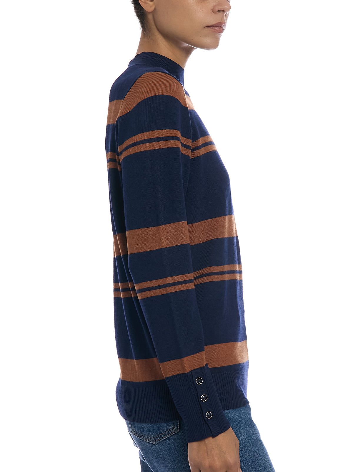 Striped Mock Neck Sweater in Navy/Mocha Bisque, side view